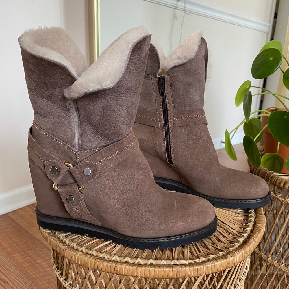 Napoleoni Brown Shearling Fur Wedge Harness Boots